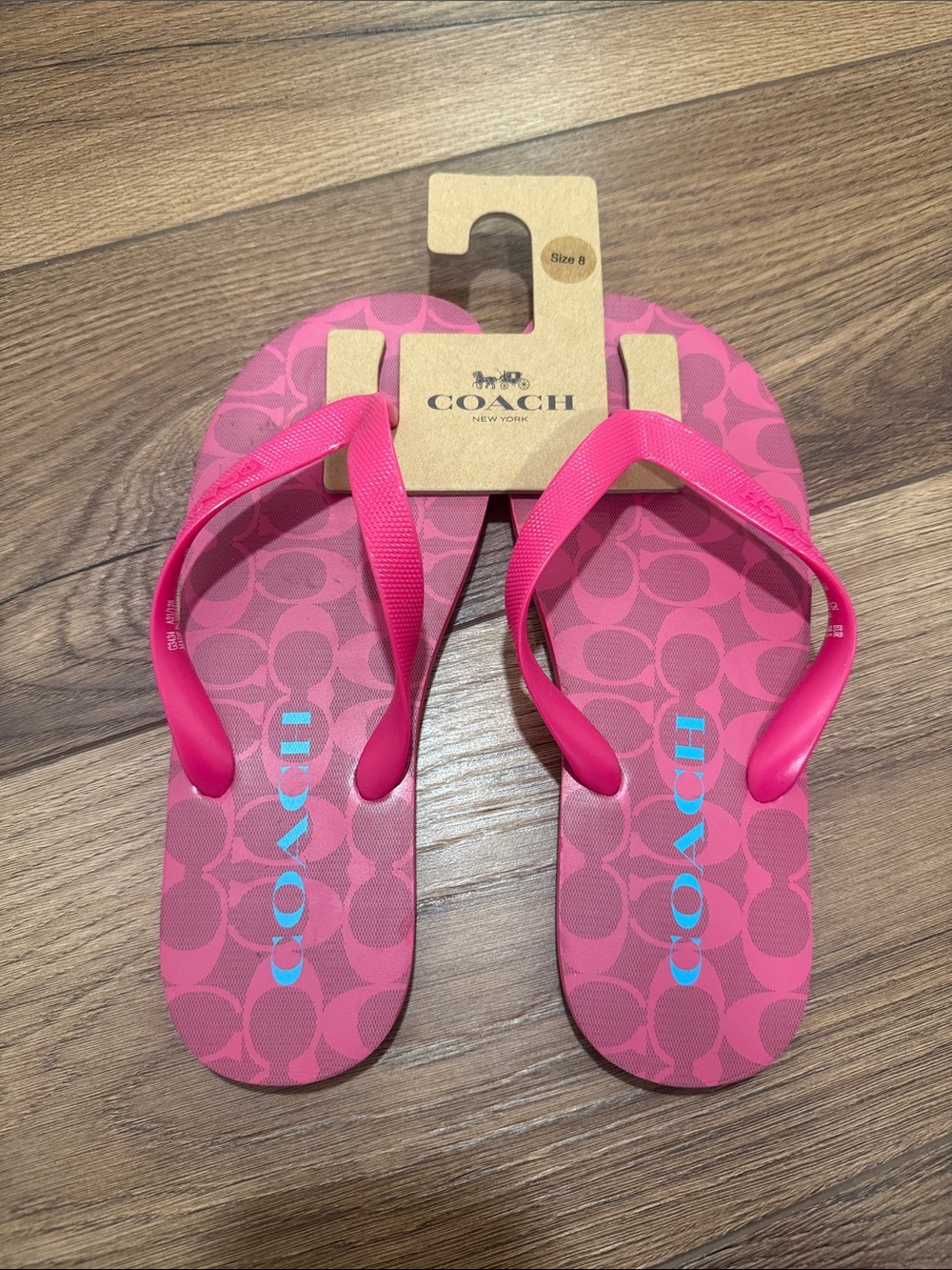 Coach • Hot Pink Signature Flip Flops with Blue Logo (Sz. 8)